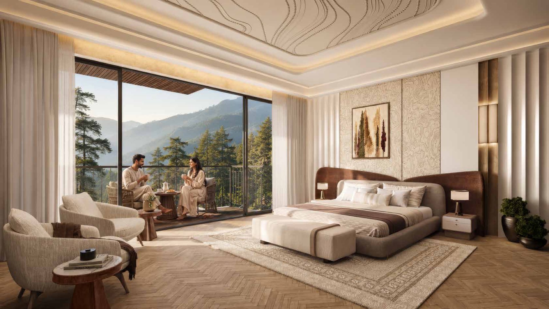 The master suite opening to the valley